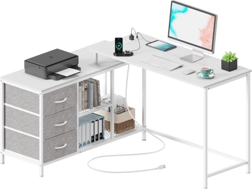 SUPERJARE L Shaped Desk with Power Outlets, Computer Desk with Drawers & Shelves, Corner Desk Gaming Desk Home Office Desk, White - Lot 626