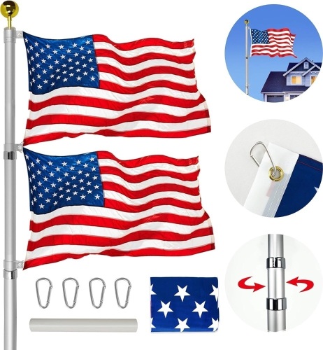 VAIIGO 30FT Telescoping Flag Pole Kit, Heavy Duty Aluminum Flag Pole Fly 2 Flags, with 3 x 5 American Flag, Golden Top Ball and Clips Inground Flag Pole - Lot 655