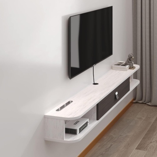 Pmnianhua Floating TV Console, 70'' Wall-Mounted Media Console TV Cabinet Floating TV Stand Entertainment Shelf with Door and Storage (Grayish-White) - Lot 657