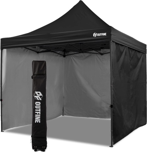 OUTFINE Canopy 10x10 Pop Up Commercial Canopy Tent with 3 Side Walls Instant Shade, Bonus Upgrade Roller Bag, 4 Weight Bags, Stakes and Ropes (Black, 10 * 10FT) - Lot 2176