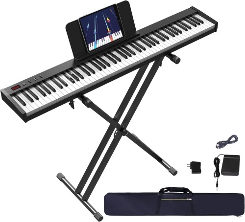 KONIX Piano Keyboard 88 Key with Stand, Touch Sensitivity, Full Size Semi-weighted Keyboard Piano for Beginner Include Sustain Pedal, Power Supply and Piano Bag - Lot 2287