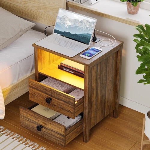 Nightstand with LED Lights,Bedside Table with Charging Station,Wooden Night Stand with USB/Type-C Interface&2 Drawer End Table for Bedroom/Living Room/Apartment-Brown - Lot 2908