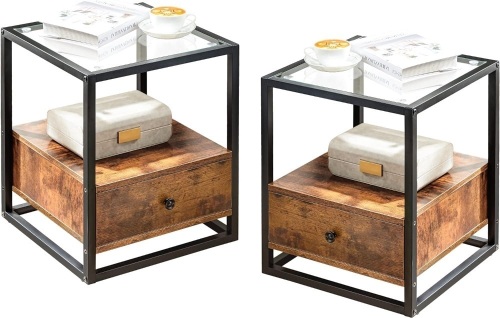 Nightstand Set of 2 - Tempered Glass Top with Drawer - Modern Glass Night Stand with Drawer and Storage Shelf, Industrial End Table Side Table, Bedside Table with Metal Frame for Living Room - Lot 2910