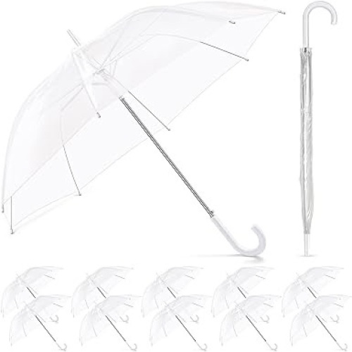 Reginary 12 Pack Clear Umbrella Wedding Style Stick Umbrellas Large Canopy Windproof Transparent Stick Umbrellas Wedding Rain Transparent Umbrellas Bulk Auto Open J Hook Handle - Lot 2911