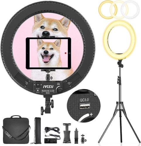 IVISII 18 inch Ring Light with Stand and Phone Holder & Ball Head, 60W Bi-Color 3000-5800K, Professional Ring Light with Tripod for Makeup, Vlog, Tattoo, Large Ring Light for Phone, Camera, Tablet - Lot 2912