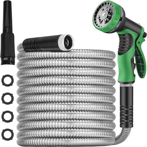 150 ft Metal Garden Hose-Upgrade Leak&Fray Resistant Design Water Hoses-304 Stainless Steel Car Washing Pipe with Solid Fittings&Sprayer Nozzle,Flexible,Lightweight Kink Free Durable Easy Storage - Lot 2918