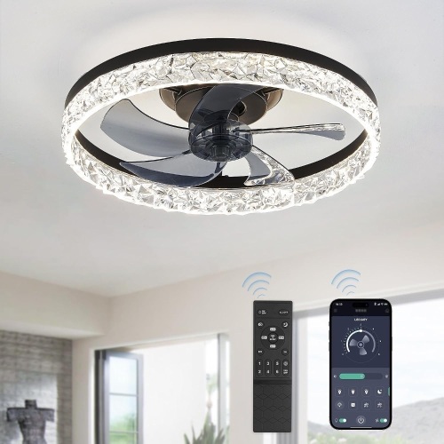 LEDIARY 20" Modern Ceiling Fans with Lights and Remote, Dimmable Low Profile Ceiling Fan, Flush Mount Bladeless Ceiling Fan, Stepless Color Temperature Change and 6 Speeds - Black - Lot 2924