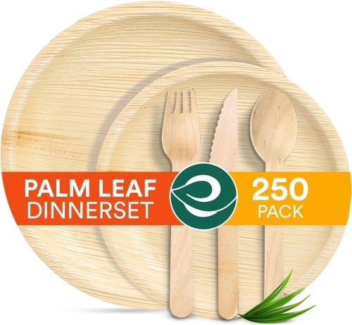 ECO SOUL 100% Compostable Palm Leaf Dinnerware Set [10", 6" Round plates, Fork, Knife, Spoon, 50 Count each] | Biodegradable Disposable Utensils for Wedding, Parties, BBQ - Lot 2937