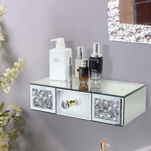 Mirrored Floating Shelf with Drawer.Crystal Diamond Mirrored Wall Shelf.Gorgeous Wall- Mounted Mirror Shelf for Hallway,Bathroom,Bedroom. - Lot 2940