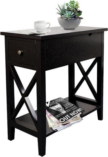 ChooChoo End Table, MDF Material Flip Top Narrow End Table with Drawer, Accent Small Side Table Nightstand for Living Room, Bedroom, and Small Spaces - Black - Lot 2956