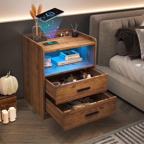 dnbss LED Nightstand with Charging Station, Smart Bedside Table with 24-Color RGB LED Lights, Charging Nightstand for Bedroom, Modern Nightstand Brown - Lot 2972
