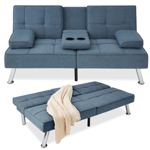 Linen Upholstered Convertible Sofa Bed Futon w/ 2 Cupholders - Lot 2978