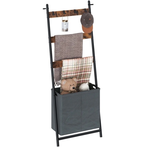 Rolanstar 3-Tier Wall-Leaning Ladder Shelf with Storage Basket & 4 Hanging Hooks - Lot 2993