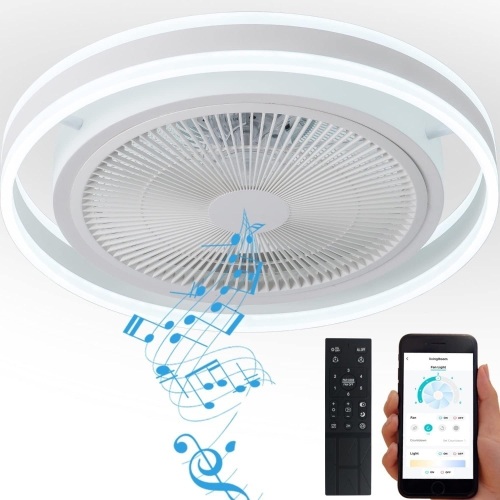 YoloOwl Flush Mount Ceiling Fan with Light and Bluetooth Speaker, 6 Speeds Reversible 3-Color Dimmable Bladeless Ceiling Fan, Low Profile Ceiling Fan Light. - Lot 3038