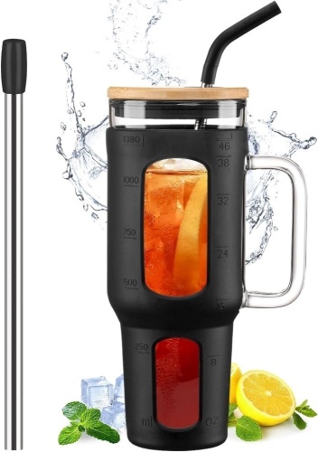 Glass Tumbler with Lid and Straw, 46 oz Iced Coffee Cup with Handle, Glass Water Bottles with Silicone Sleeve, glass cup with Straws - Boba Straw & Drinking Straw BPA Free-Black - Lot 3095