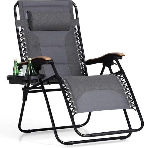 PHI VILLA Oversize XL Padded Zero Gravity Lounge Chair Wide Armrest Adjustable Recliner with Cup Holder, Support 400 LBS (Light Grey) - Lot 3007