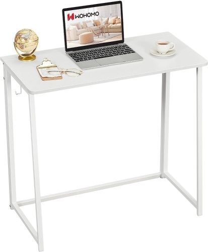 WOHOMO Folding Desk, 31.5" Small Desk for Small Spaces, Easy Assemble Foldable Computer Desk for Laptop, Mini Portable Working Table Narrow Wooden Writing Workstation for Home Office, White - Lot 3051