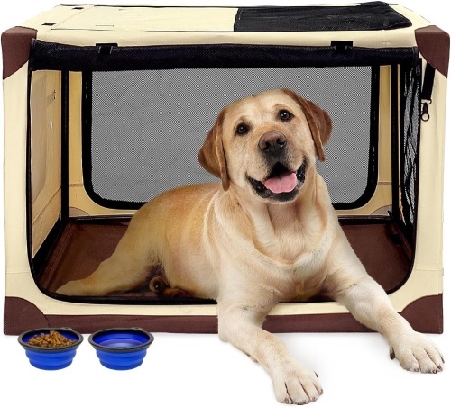 Pecait Collapsible Dog Crate, Large Portable Dog Cage 36 inch Travel Pet Crate with 2 Foldable Dog Bowls, 4 Door Breathable Mesh Window Durable Oxford Cloth Indoors Outdoors Kennel - Lot 3068