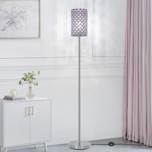 Floor Lamp for Bedroom, Lavender Crystal Floor Lamp with Glam Shade, Elegant Standing Lamp with On/Off Foot Switch & Silver Base, Corner Pole Lamp for Girls Bedroom, Living Room, Office (E26 Base) - Lot 3069