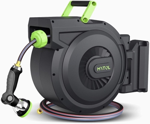 MYTOL Retractable Garden Hose Reel, 1/2 Inch x 100 ft + 6 ft Wall Mount Hose Reel with Automatic Slow Rewind System, Any Length Lock, 10 Patterns Hose Nozzle, 180°Swivel Bracket, for Garden Watering - Lot 3073