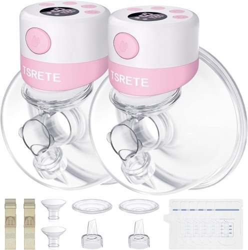 TSRETE Breast Pump, Double Wearable Breast Pump, Electric Hands-Free Breast Pumps with 2 Modes, 9 Levels, LCD Display, Memory Function Rechargeable Double Milk Extractor-21/24mm Flange, Pink - Lot 3298