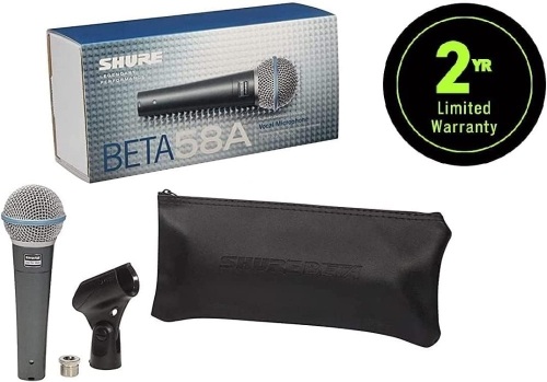 Shure BETA 58A Vocal Microphone - Single Element Supercardioid Dynamic Mic for Stage and Studio, Includes A25D Adjustable Stand Adapter, 5/8” to 3/8” (Euro) Thread Adapter and Storage Bag - Lot 3154