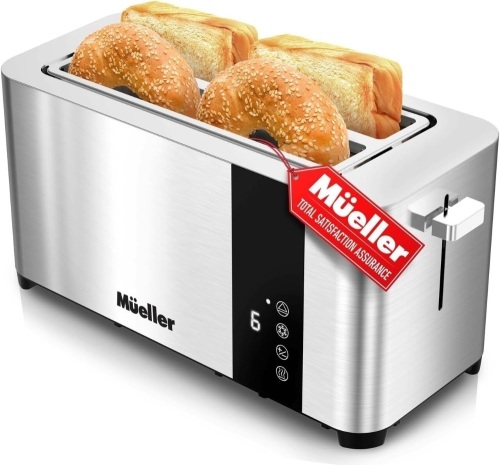 Mueller UltraToast Full Stainless Steel Toaster 4 Slice, Long Extra-Wide Slots with Removable Tray, Cancel/Defrost/Reheat Functions, 6 Browning Levels with LED Display - Lot 3023