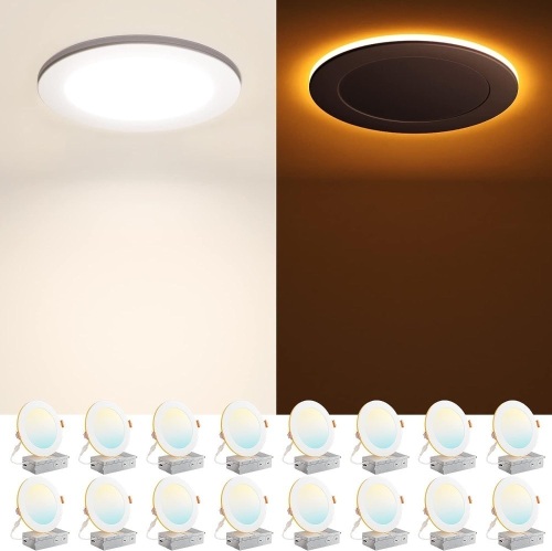 Amico 16 Pack 6 Inch 5CCT LED Recessed Ceiling Light with Night Light, 2700K/3000K/3500K/4000K/5000K Selectable Ultra-Thin Recessed Lighting, 12W=110W, 1100LM, Dimmable Canless Wafer Downlight ETL&FCC - Lot 3208