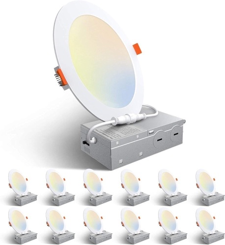 Amico 12 Pack 6 Inch 5CCT Ultra-Thin LED Recessed Ceiling Light with Junction Box, 2700K/3000K/3500K/4000K/5000K Selectable, 12W Eqv 110W, Dimmable Canless Wafer Downlight, 1050LM Brightness -ETL&FCC - Lot 3171
