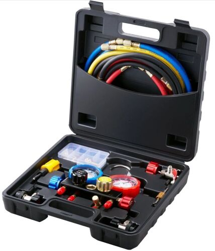 VEVOR 4 Way AC Manifold Gauge Set for R134A R22 R12 R410A Refrigerant, Freon Gauges with 5ft Hoses, Couplers, Can Tap  - Lot 281