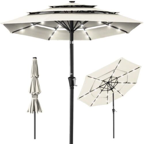 3-Tier Solar Patio Umbrella w/ LED Lights, Tilt Adjustment, Crank - 10ft  - Lot 295