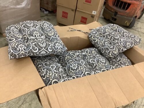 Lot of (2) Black Aurora Damask Square Outdoor Wicker Chair Cushion & (1) Rectangle Outdoor Wicker Settee Cushion   - Lot 446