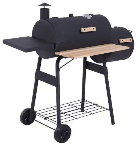 Outsunny 48 in. Steel Portable Backyard Charcoal BBQ Grill and Offset Smoker Combo in Black with Wheels and 2 Storage Shelves  - Lot 96