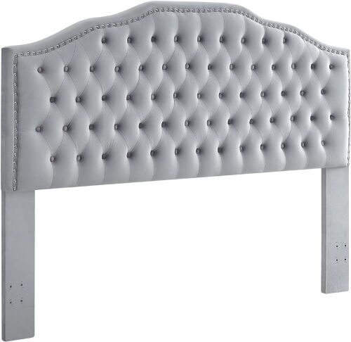 24KF Upholstered Button Tufted King Size Headboard with Nailhead Trim, Soft Velvet Fabric, Gray  - Lot 94