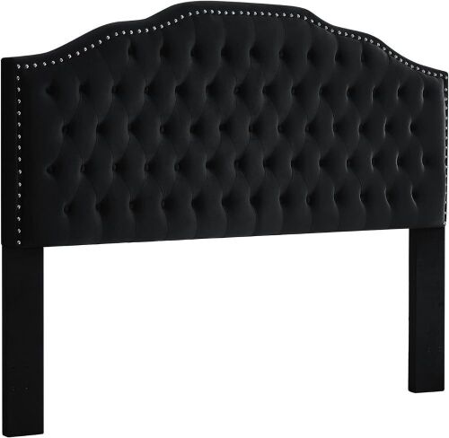 24KF Upholstered Button Tufted King Headboard with Nailhead Trim, Soft Velvet Fabric, Black  - Lot 157
