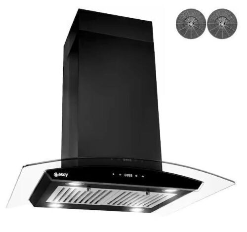 AKDY 36 in. 343 CFM Convertible island Mount Range Hood in Black Painted Stainless Steel with Glass and Carbon Filters  - Lot 165
