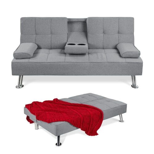 Linen Upholstered Convertible Sofa Bed Futon w/ 2 Cupholders  - Lot 88