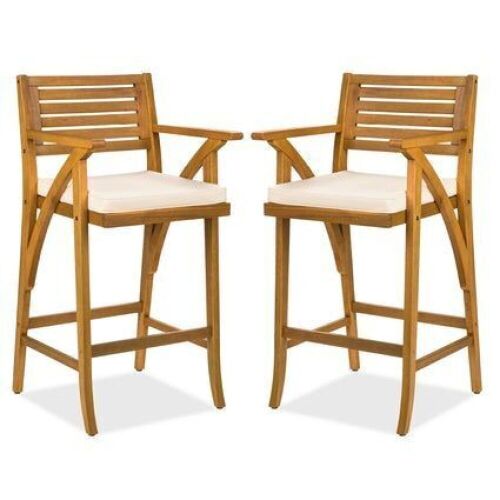 Set of 2 Outdoor Acacia Wood Bar Stools Chairs w/ Weather-Resistant Cushions  - Lot 68