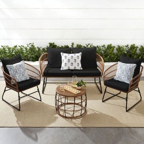 4-Piece Rope Wicker Outdoor Conversation Set w/ Cushions, Table  - Lot 54