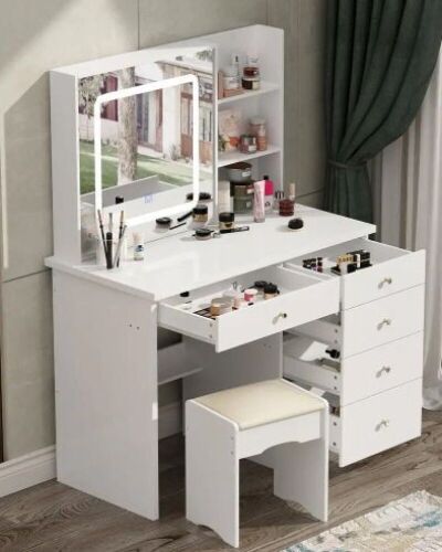 5-Drawers White Makeup Vanity Sets Dressing Table Sets with LED Dimmable Mirror, Stool and 3-Tier Storage Shelves  - Lot 48