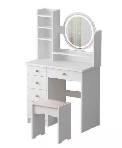 5-Drawers White Wood Makeup Vanity Set Dressing Desk W/ Stool, LED Round Mirror and Storage Shelves 52x 31.5x 15.7 in.  - Lot 50