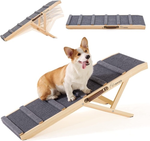 Dog Stairs, Wooden Adjustable Dog Ramp 43.5'' Long 5 Heights 250LBS Capacity Non-Slip Foldable with Leather Handle for Couch Bed Car Indoor Outdoor 43.3"L x 15.75"W x 24.02"H - Lot 100