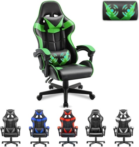 Soontrans Green Gaming Chair with Massage,Racing Gamer Chair for Teens, Ergonomic Game Chair with Adjustable Headrest and Lumbar Support (Jungle Green) 33"D x 24"W x 49.2"H - Lot 103