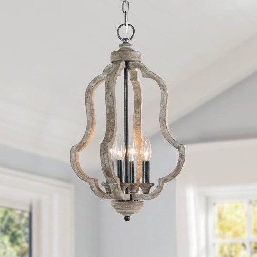 KNWZVC Wood Drum Chandelier,4-Light Wooden Chandelier Light Fixture,Black and Antique Wood Chandeliers for Bedroom,Dining Room,Living Room,Foyer,Hallway D14" x H22.6" - Lot 203