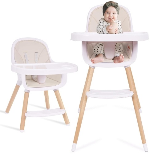 Baby High Chair, 3-in-1 Convertible Wooden High Chair with Adjustable Legs & Double Dishwasher Safe Tray, High Chairs for Babies and Toddlers, Made of Sleek Hardwood & Premium Leatherette 20.4"D x 16.1"W x 13.7"H - Lot 204