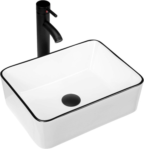 KSWIN Ceramic Rectangular Bathroom Vessel Sink, 16'' x 12'' Above Counter Porcelain Small Sink with Faucet Combo, White Body with Black Trim on The Top - Lot 205