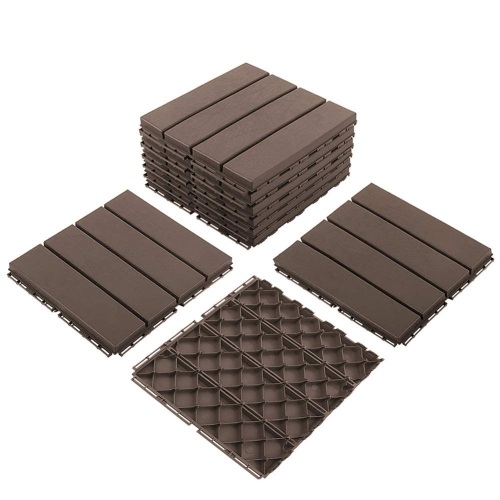 domi Outdoor Living Patio Deck Tiles, 12 x 12 inches Composite Interlocking Decking Tile, Four Slat Plastic Outdoor Flooring, 9 Pieces One Pack, Dark Brown - Lot 208