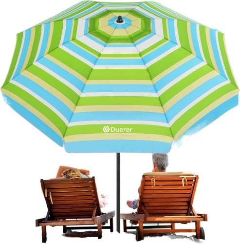 Duerer Beach Umbrellas, 7.5FT Beach Umbrella for Sand with Anchor Heavy Duty Windproof, Height Adjustable Tilt Iron Pole, Portable Beach Umbrella with Carrying Bag for Beach, Patio Garden Outdoor - Lot 214
