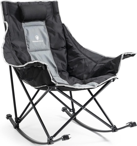 Dowinx Oversized Rocking Camping Chair, Fully Padded Patio Chair with Side Pocket and Carry Bag, High Back Portable Lawn Recliner with Headrest, Support 300 lbs, Grey 44"D x 8.27"W x 10.63"H - Lot 216