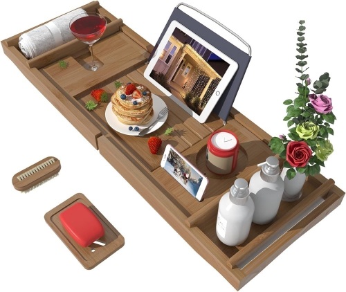 Bath Caddy Tray for Bathtub - Bamboo Adjustable Organizer Tray for Bathroom with Free Soap Dish Suitable for Luxury Spa or Reading(Walnut) 30.3" X 9.8" X 2.6" - Lot 217